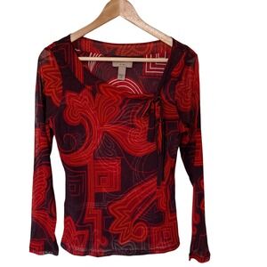 I.e. Womens Mesh Sheer Swirl Geo Print‎ Long Sleeve Tie Neck Top M Y2K
